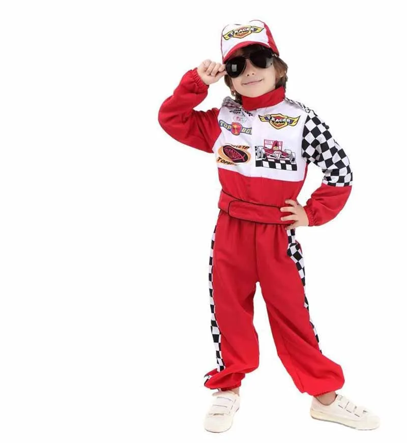 Kids Boys Halloween Racer Cosplay Red Race Car Driver Unifor