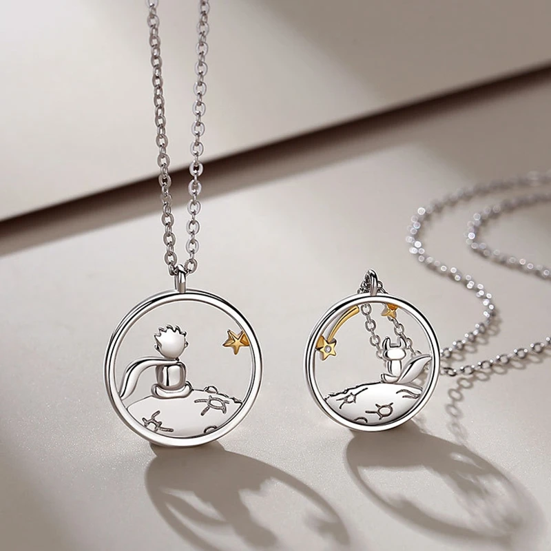 Silvology Real 925 Sterling Silver Little Prince and The Fox Couple Necklace for Women Original Creative Designer Lover Jewelry