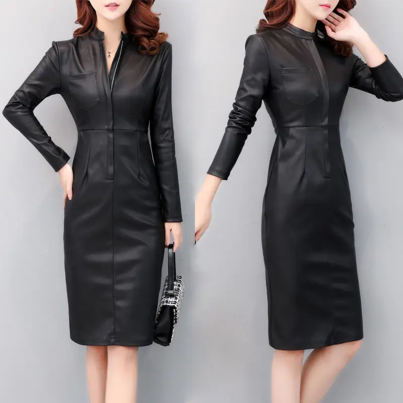 

Женское облегающее платье из ПУ кожи, с длинным рукавом
