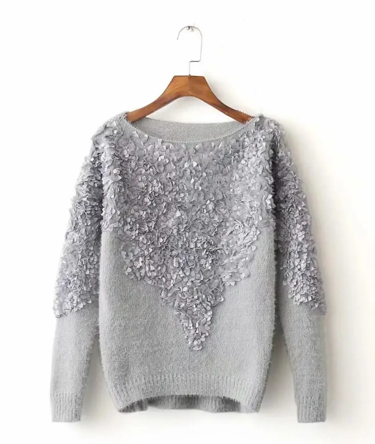 Женский трикотажный пуловер с длинным рукавом и круглым вырезом - купить по