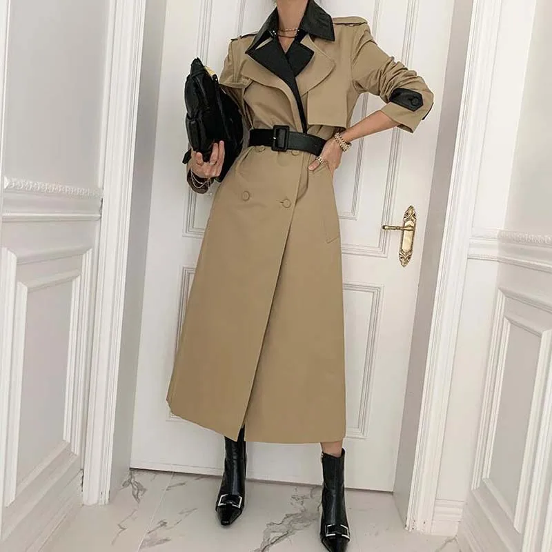 

New korean Style fashon long leather trench coat plus size office ladies elegant spring trench overcoats A387