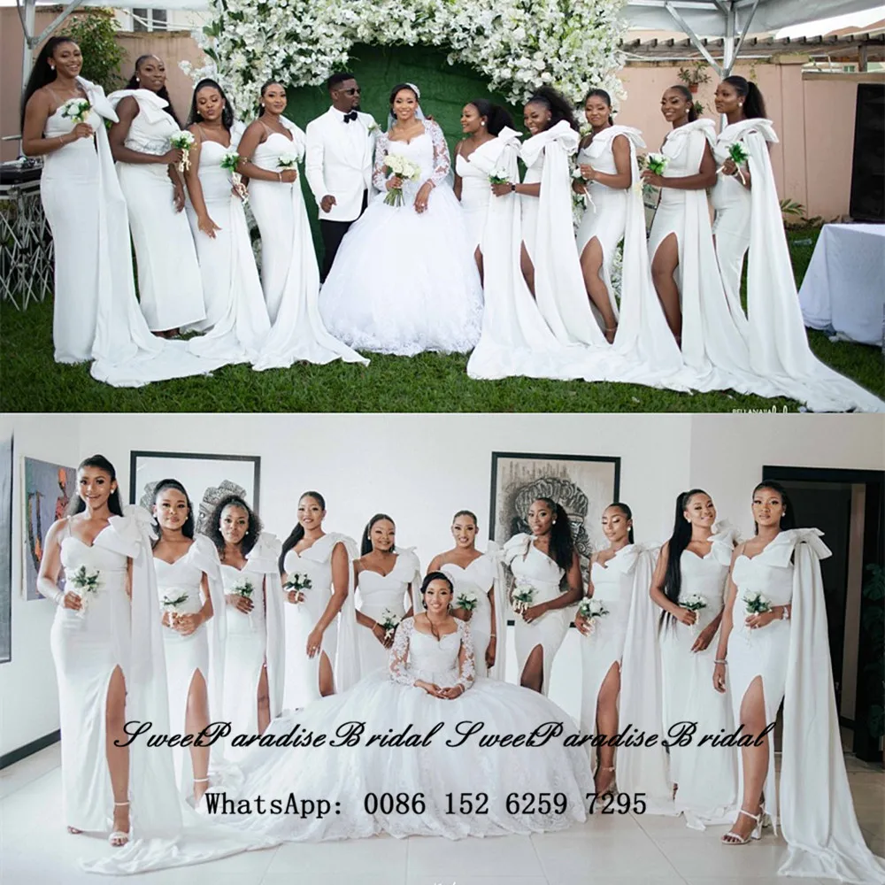 

White Mermaid Bridesmaid Dresses With Bow Streamer Women Sexy Side Split Long Maid Of Honor Dress Wedding Party Gown