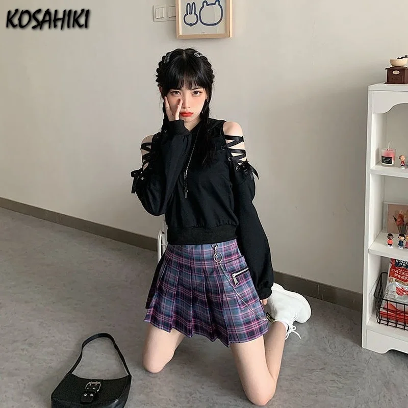 

KOSAHIKI Black Tops Women Sexy Bandage Off Shoulder Long Sleeve Sweatshirt 2021 Summer Korean Chic Streetwear Crewneck Hoodies