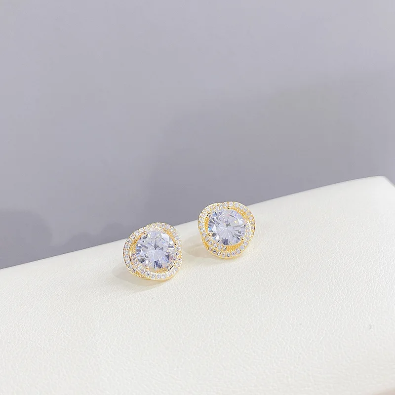 

New Design S925 Silver Needle Twist Flower Stud Earrings For Women 14K Real Gold Jewelry Zircon Earrings