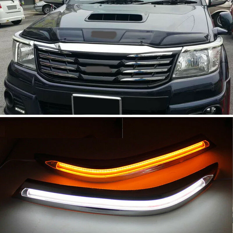 

Светодиодный ные дневные ходовые огни DRL, налобсветильник свет, лампа для бровей с поворотным сигналом для Toyota Hilux VIGO 2012-2014