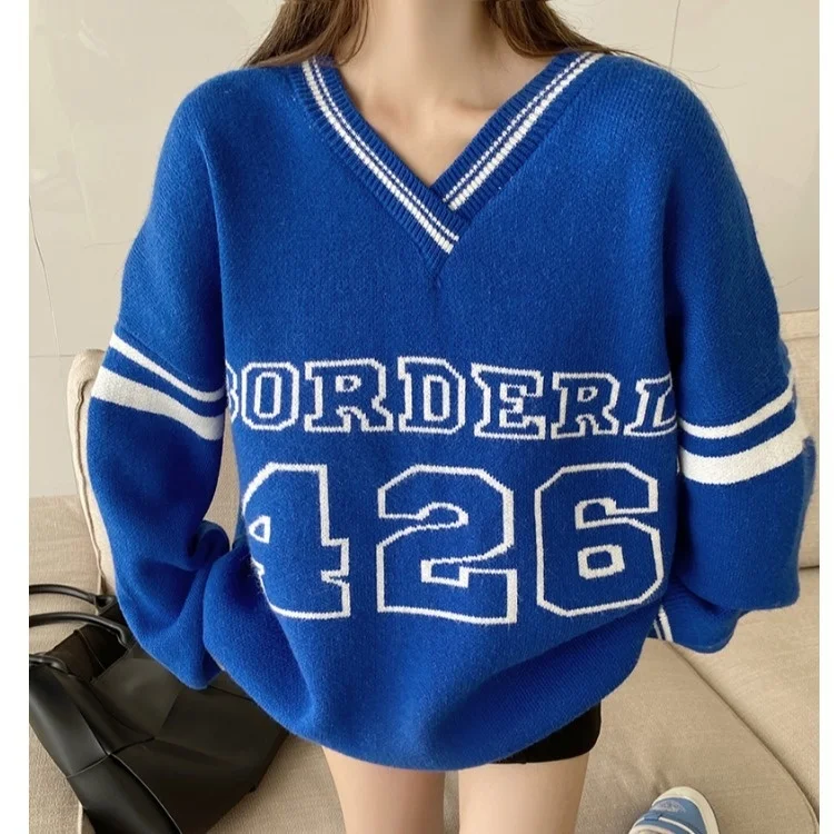 

Sweater Female Winter Lazy Wind Loose Thickened V-neck Blue Sweater Top C757a