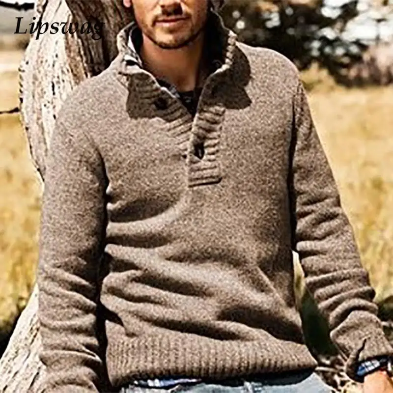 

Осенне-зимние однотонные вязаные топы, пуловеры, модный винтажный приталенный свитер на пуговицах, повседневные мужские свитера с отложным...