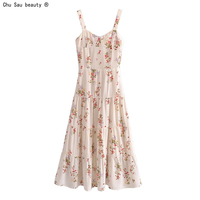 

2021 Summer Vintage Prairie Chic Floral Print Spaghetti Strap A-line Folds Elastic Waist Dress Zipper Vestido Women Mid-Length