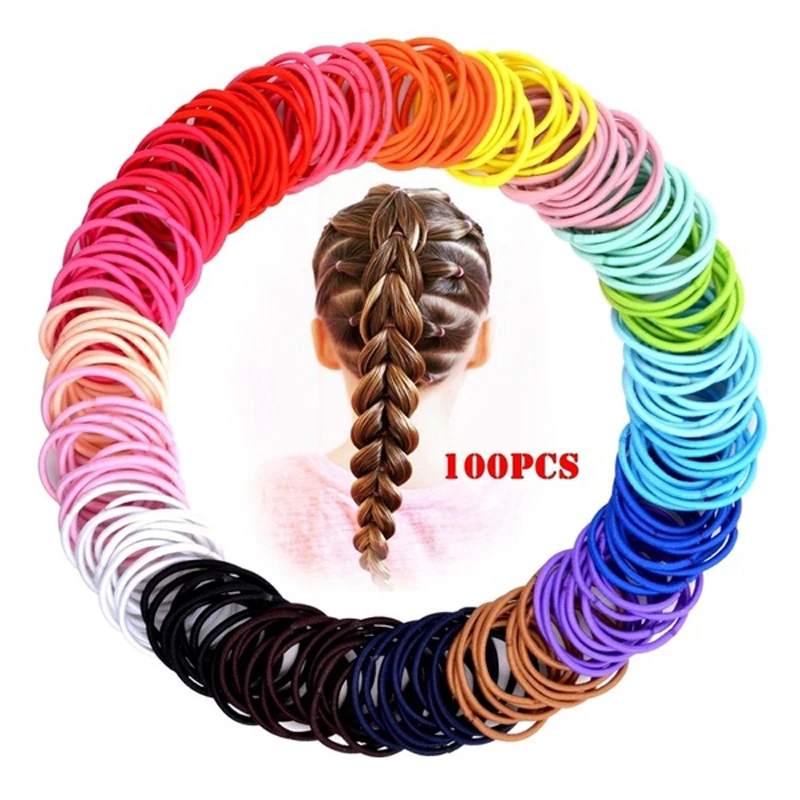 

New 100PCS/Set Candy Head Scrunchie Colors Hair Rope Nylon Elastic Hair Ring Children Rubber Band Fashion Hair Accessories