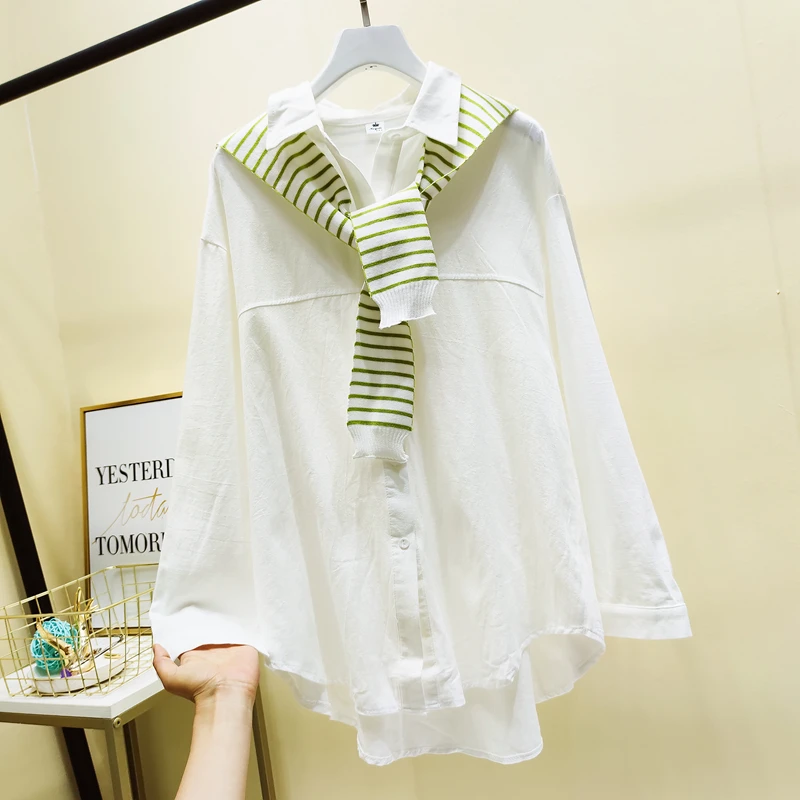 

Полосатая шаль, белые женские блузки с длинным рукавом и отложным воротником, хлопковые блузки, свободные повседневные топы, модные длинные...