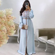 Robe de soirée en mousseline de soie, Caftan marocain bleu, ligne a, manches longues, perles, dubaï, turquie, Abaya, robe islamique  (1)