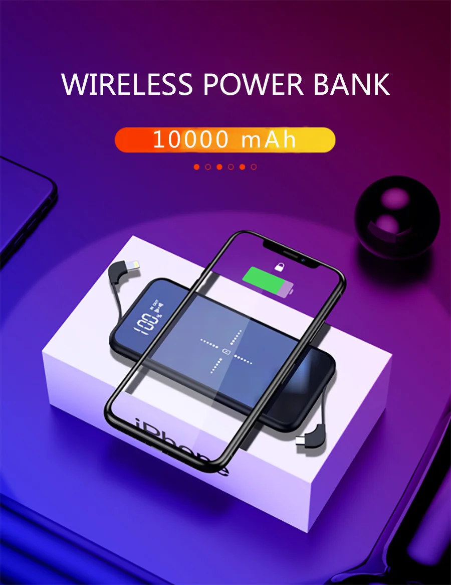 Беспроводное зарядное устройство Qi Slim 10000 мАч внешний аккумулятор с зеркальным