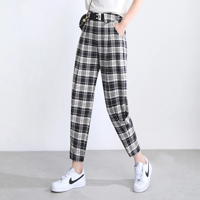 

2021 Summer Baggy Woman Pants High Waist Plaid Pants Spring and Summer Harem Pants Black Trousers Thin Legs Large Size