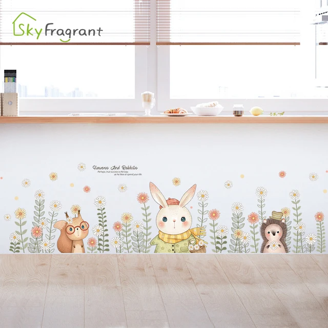 Cartoon Bunny Picking Flowers Baseboard Wall Stickers For Kids Room Living Room Home Decor Wall Decoration Self Adhesive Sticker 10