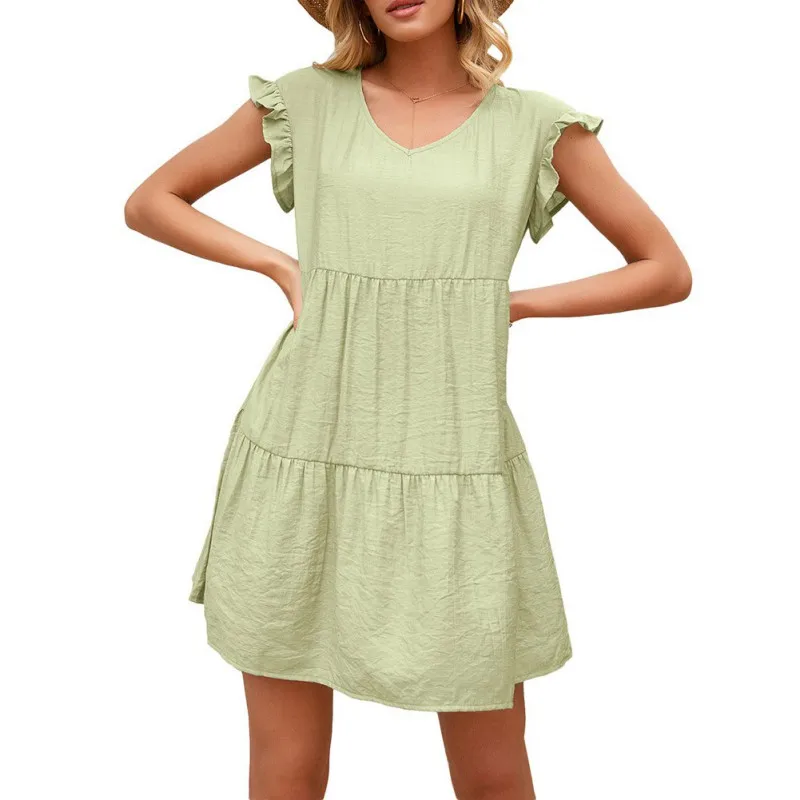 

Ladies' Summer Loose V-Neck Butterfly Sleeve Pleated Dress Simple Casual Sweety Mini Dress