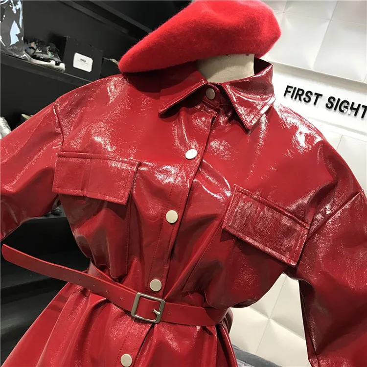 Осенняя женская кожаная куртка ярких цветов, красный, черный плащ, ветровка с длинным рукавом, пояс, искусственная кожа, байкерская куртка, PY77
