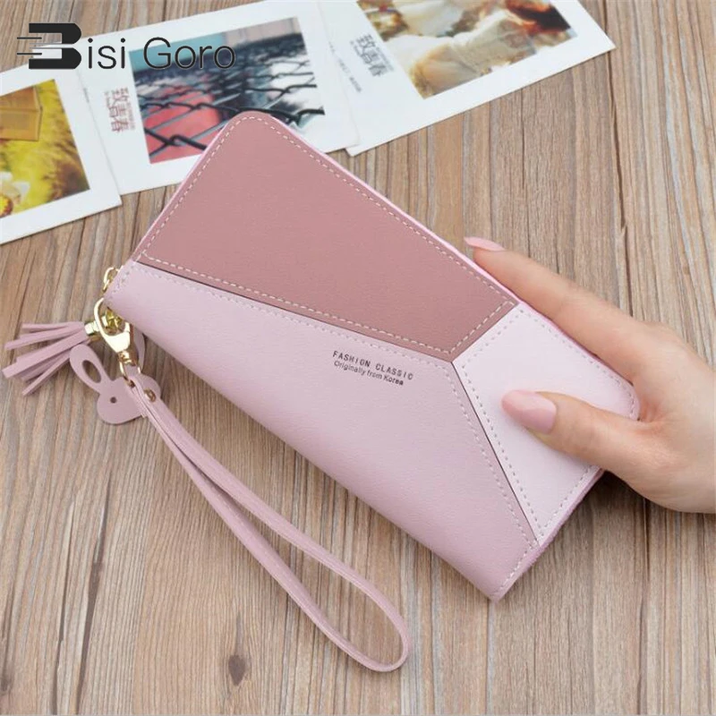 

BISI GORO Geometric Luxury Leather Wallets Women Long Zipper Coin Purses Tassel Design Clutch Wallet Female Money Card Holder