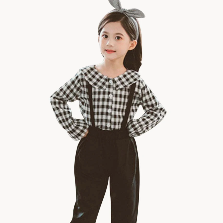Одежда для девочек клетчатые блузки и комбинезоны костюмы комплект с эластичной
