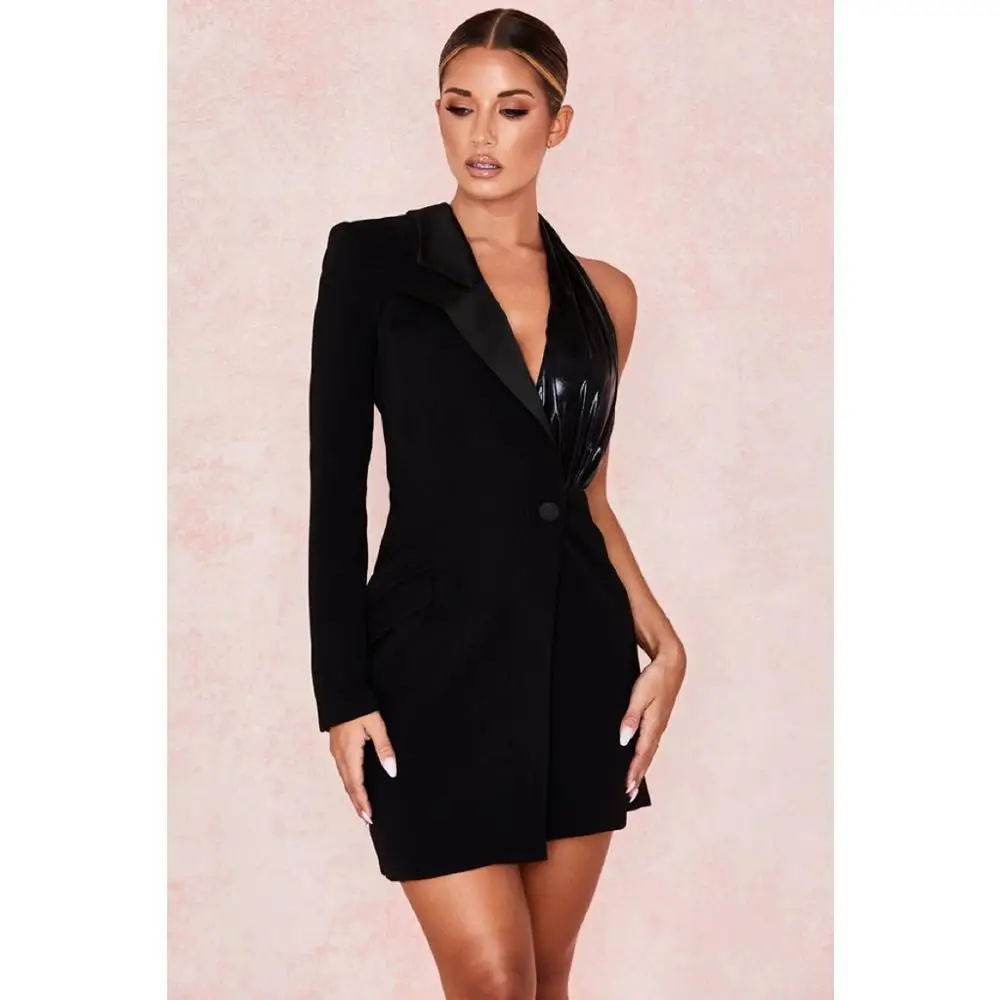 

New Arrival One Shoulder V Neck Leather Blazer High Quality Pocket Black Jacket Sexy Mini Celebrity Women Night Party Suit