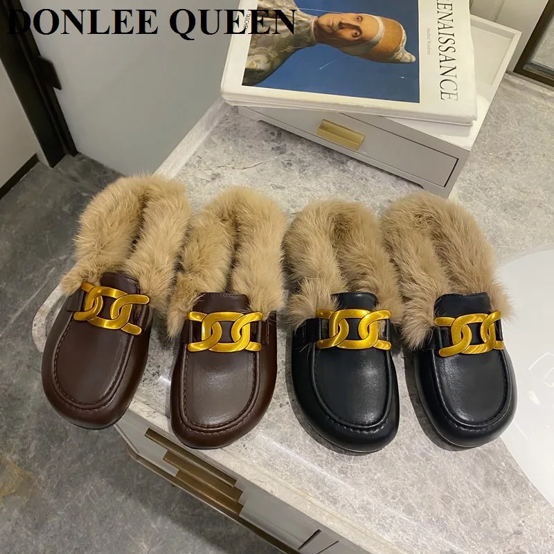 

Шлепанцы женские меховые, брендовые сандалии на цепочке, повседневная обувь для дома, теплые зимние плюшевые лоферы на плоской подошве