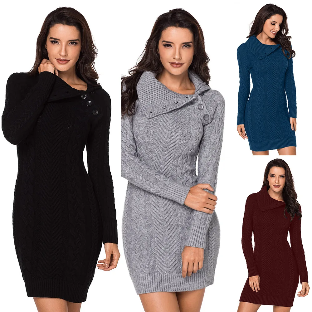 

New women's plain color lapel long sleeve ribbed knit sweater dress Fashion sweater sexy knit dress maxi dresses for womendress