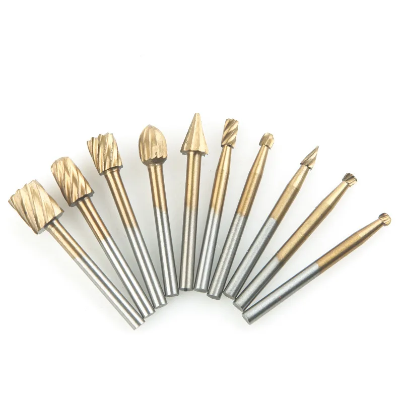 

10set Of High-speed Steel Woodworking Rotating Burrs File Root Carving Electric Mill Grinding Head Engraving Milling Cutter