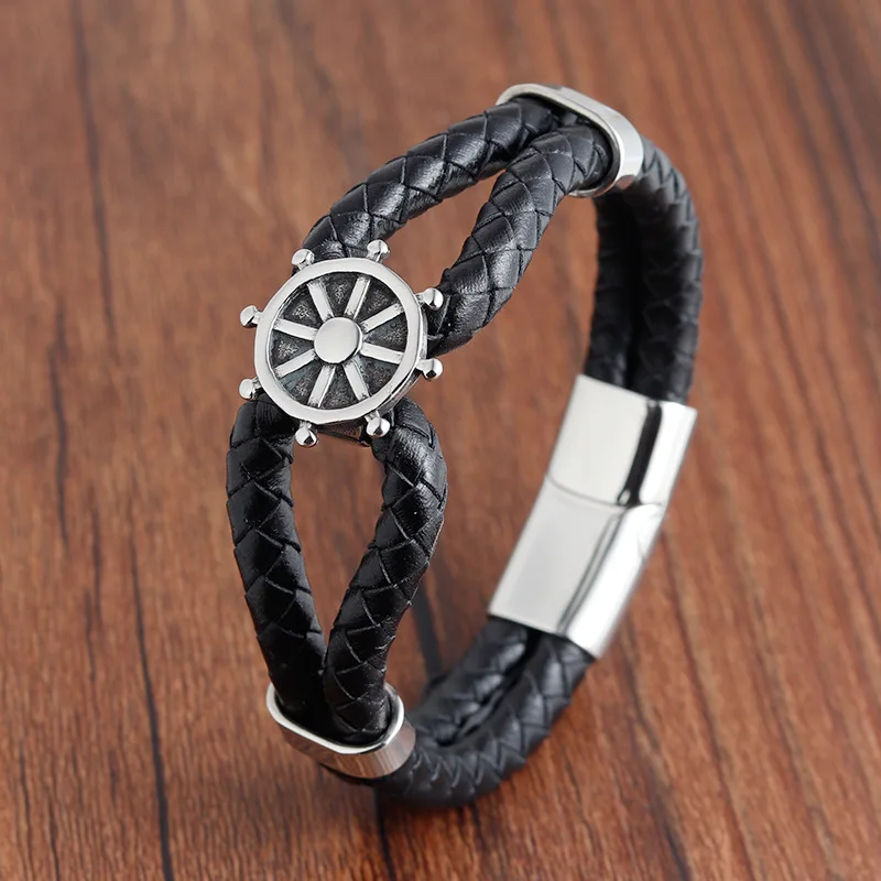 Handmade Retro Rudder Leather Bracelet Vintage Braided Magnetic Clasp Bangle Male Accessories Hand Jewelry | Украшения и