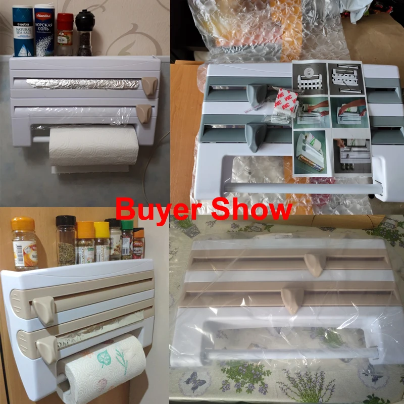 

4 in 1 Wall-Mounted Kitchen Cling Film Tin Foil Storage Rack Organizer Holder Multifunctional Gray ABS Paper Towel Holder Shelf
