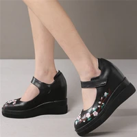 low top platform wedges mary janes women genuine leather high heel pumps shoes female loop round toe ankle boots casual shoes