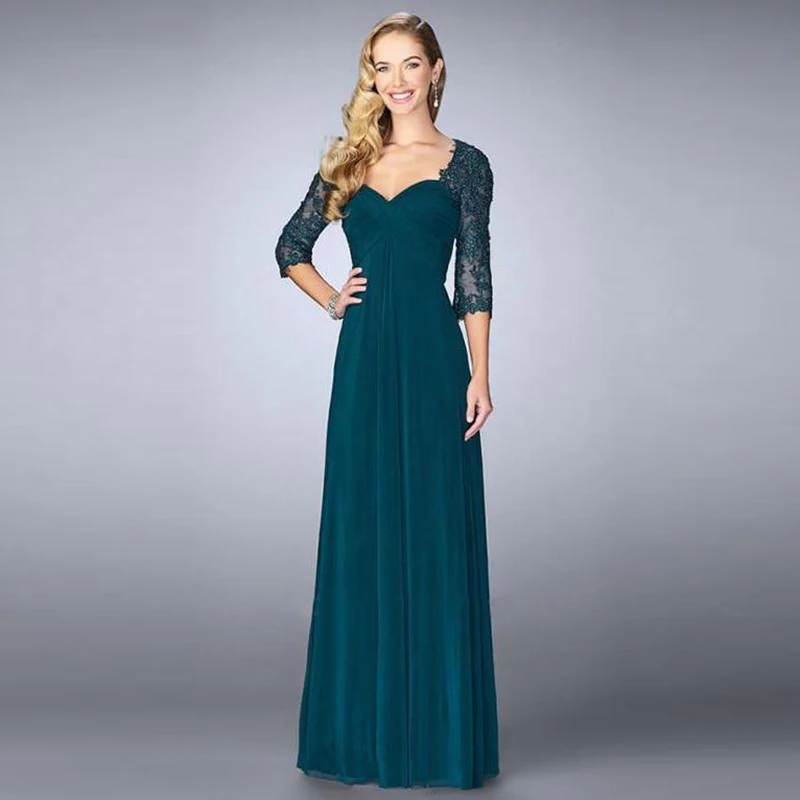 

Charming Teal Blue Lace Mother of the Bride Dresses With Three Quarter Sleeves Sheath Plunge Neckline Wedding Guest Gowns 2021