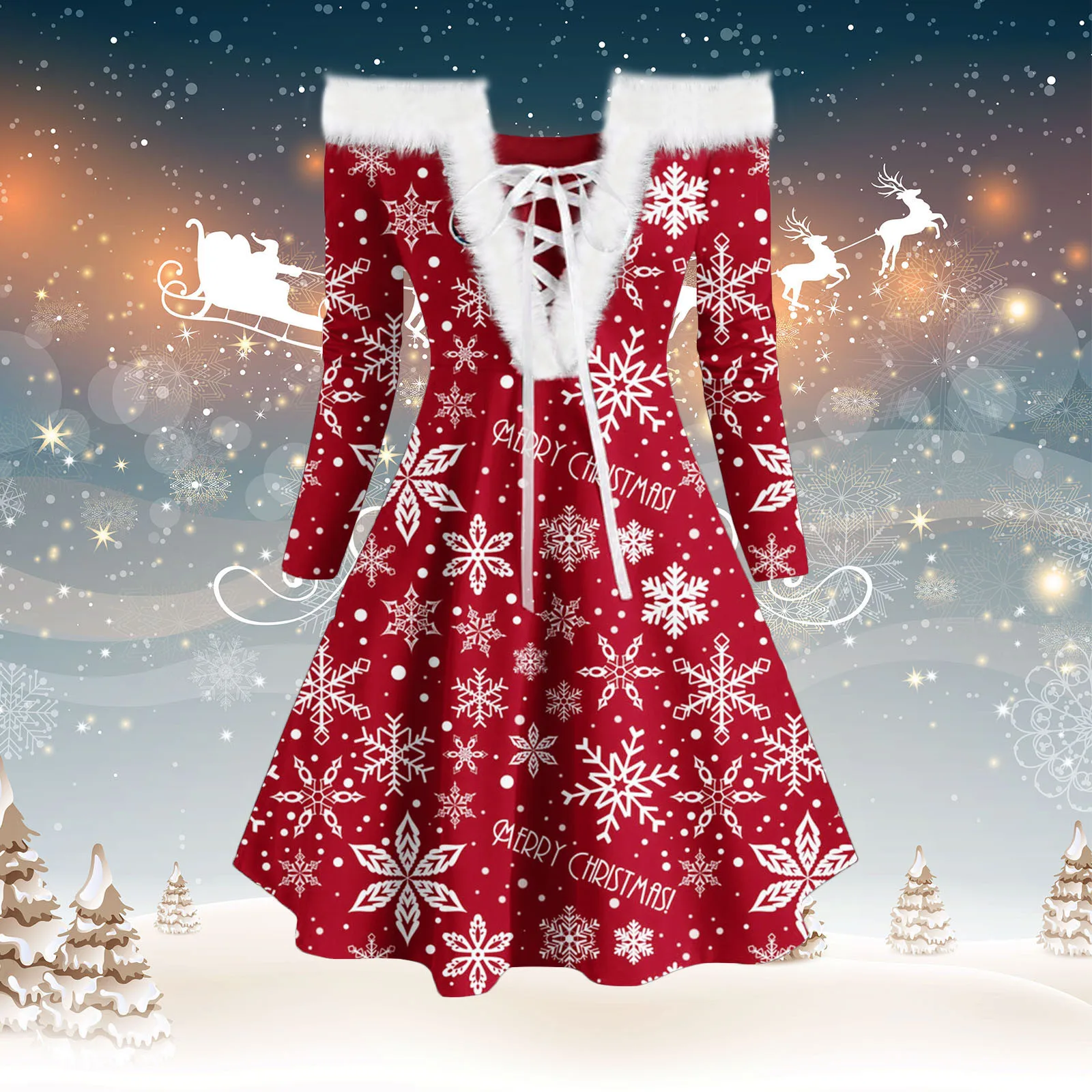 

Woman Fur-collar Strapless Dresses Sexy Lace-up Christmas Print Retro Plush Long-Sleeved Dress Party Dresses Vestido De Mujer