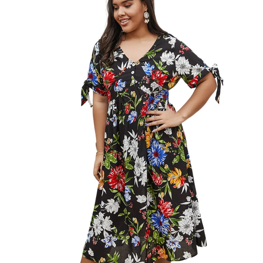 

2021 New Women Short Sleeve Summer Bohemian V-neck Flower Print Plus Size Dress Casual Mid-Calf Dresses Women's Fashion Clothing