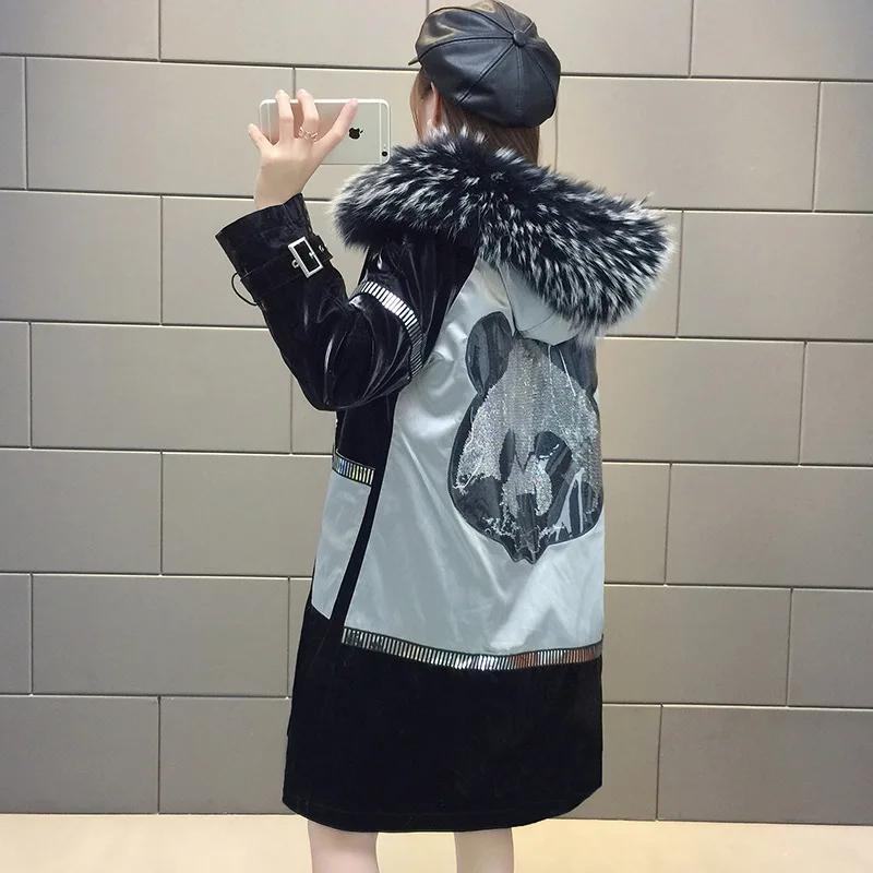 Panda Animal Parkas Women Middle Length Rex Rabbit Fur Liner Raccoon Dog Fur Collar Coats Red Hooded Warm Soft Outwear Female
