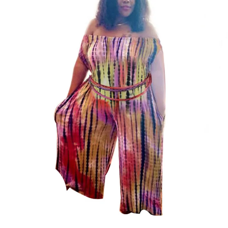 3xl 4xl Plus Size Jumpsuits For Women African New 2021 Off the Shoulder Wide Leg Loose Fashion Striped Rompers & Jumpsuits Hot