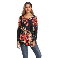floral print o neck long sleeve button decoration office ladies tops and blouses loose casual bohemian clothing for women