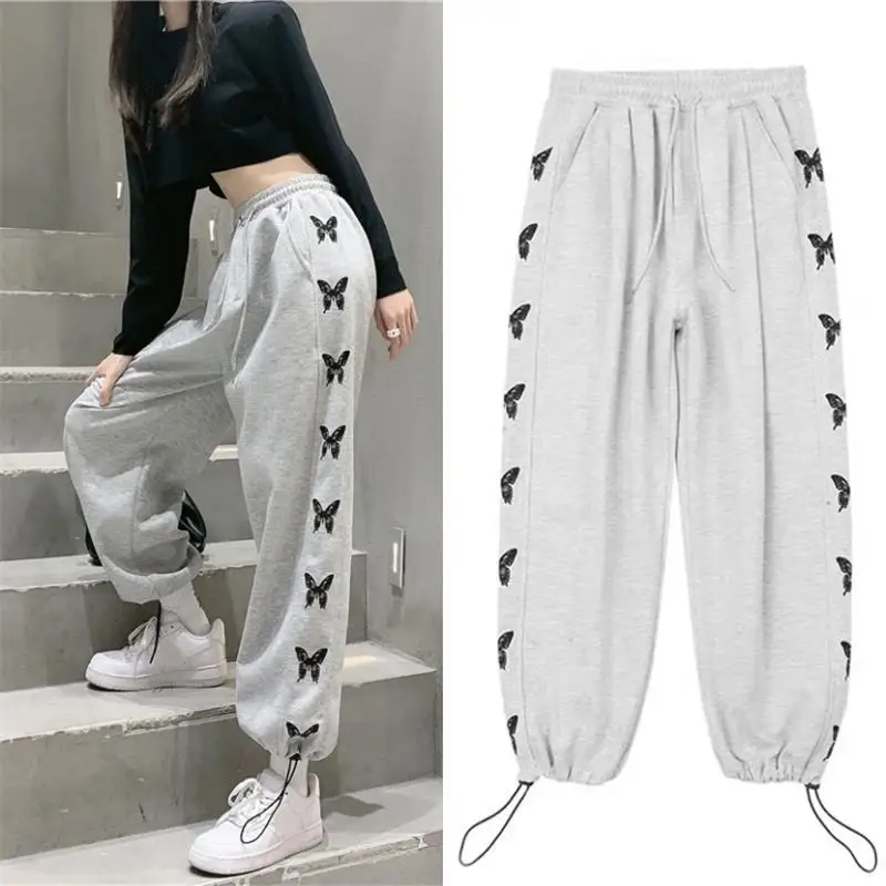 

2021 spring and summer gray sports casual pants women's large size loose students new slim toe Harlan pants