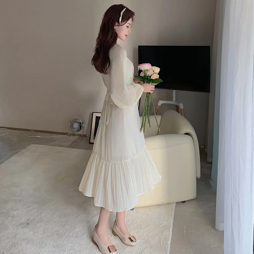 

Korean Fashion Mermaid 2021 Summer Temperament Elegant Women's Dress Solid Color High Waist Simple V-neck Long Sleeve