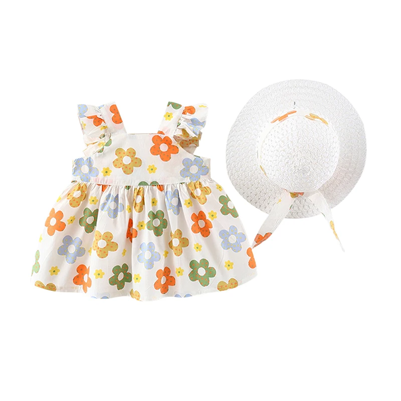 

Summer Baby Girls Dress Lace Small Sling Print Vest Skirt + Hat 2PCS Kids Cute Clothes 9M-5Y New Style