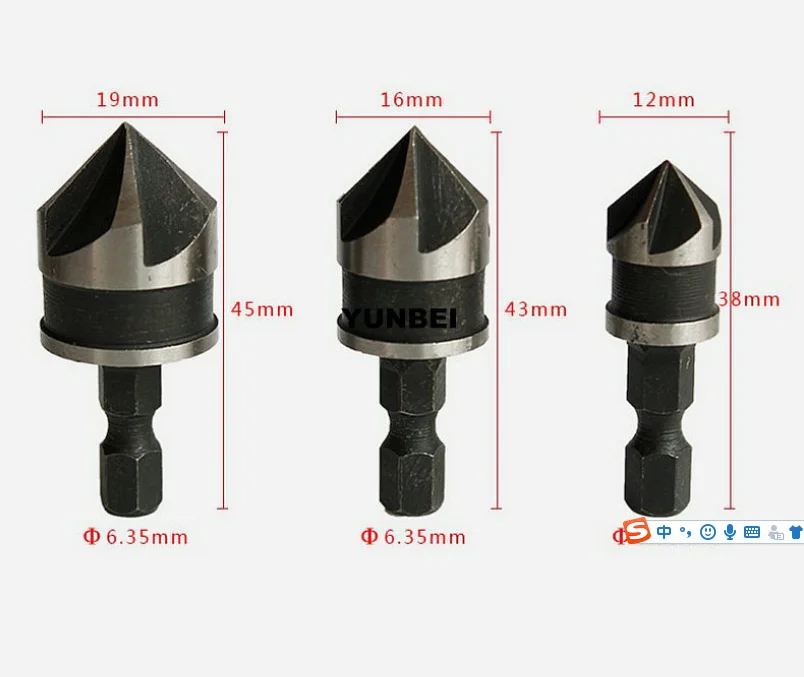 

3pc handle 5 edge chamferer 90 degree 12mm19 chamfering tool spot facer woodworking hole opener
