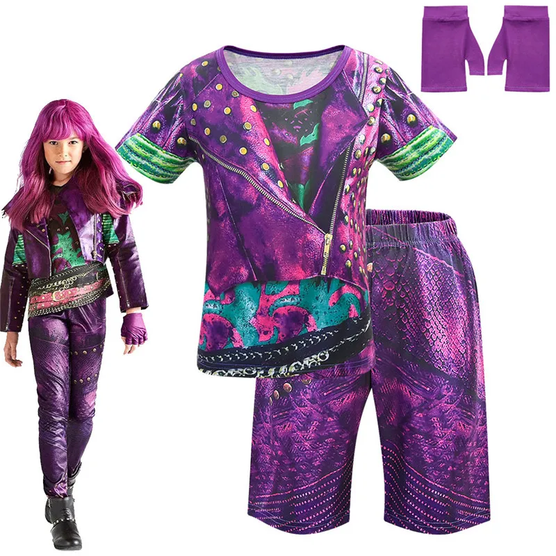 

Descendants 3 Kids Halloween Costumes for Girls Evie Cosplay Costume Short Sleeve Zentai Party 3D T-shirt+pants Clothing Sets