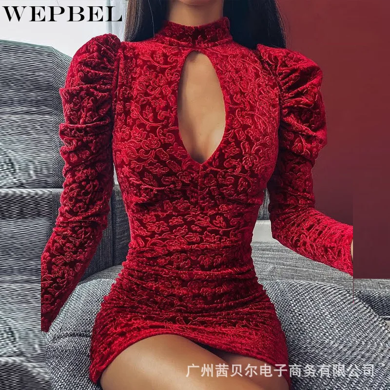 

WEPBEL Dress Women's Casual Velvet Embroidery Slim Dress Autumn Fashion Long Sleeve Solid Color Hollow Out High Waist Dress
