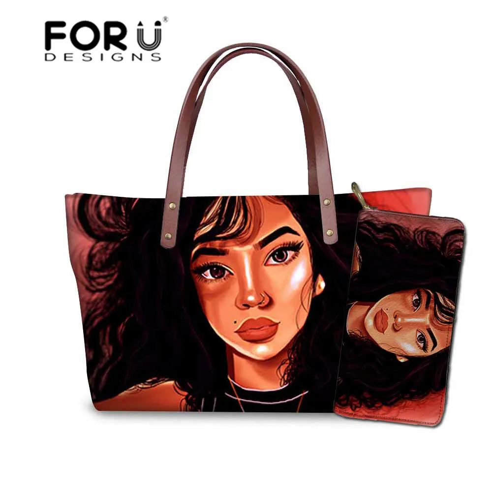 

FORUDESIGNS кошелек и сумочки для женщин черное искусство афро Леди Девушки Печать Модные сумки для женщин 2 шт./компл. большие сумочки Bolsa Feminina