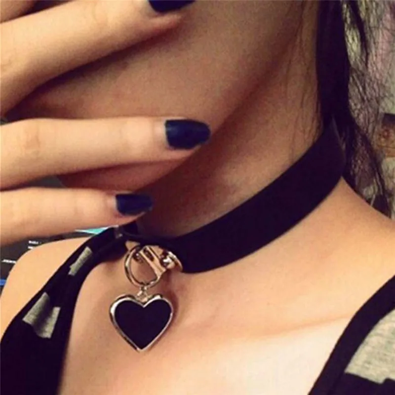 

Sitaicery Leather Heart Choker Collar For Women Gothic Punk Choker Chain Silver Color Collar Sexy Vegan Chocker Women's Jewelery