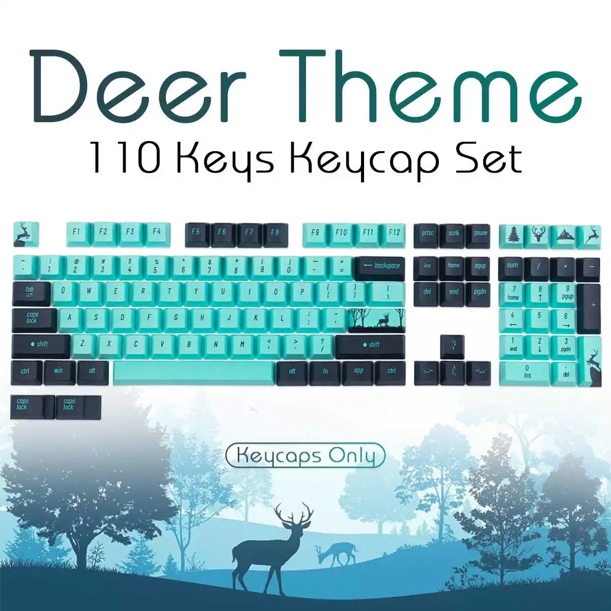 

108 Keys Rainforest Forest Deer Keycaps PBT Material OEM Profile Sublimation Black Blue Keycap For Gaming Mechanical Keyboard