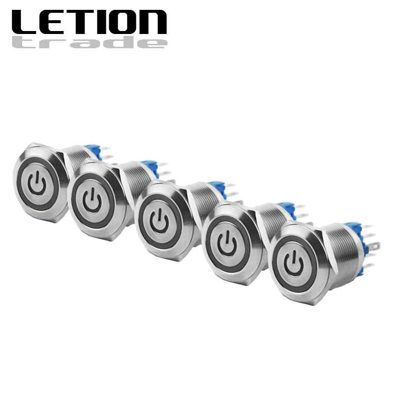 В коробке 10 шт. металлический водонепроницаемый кнопочный переключатель со