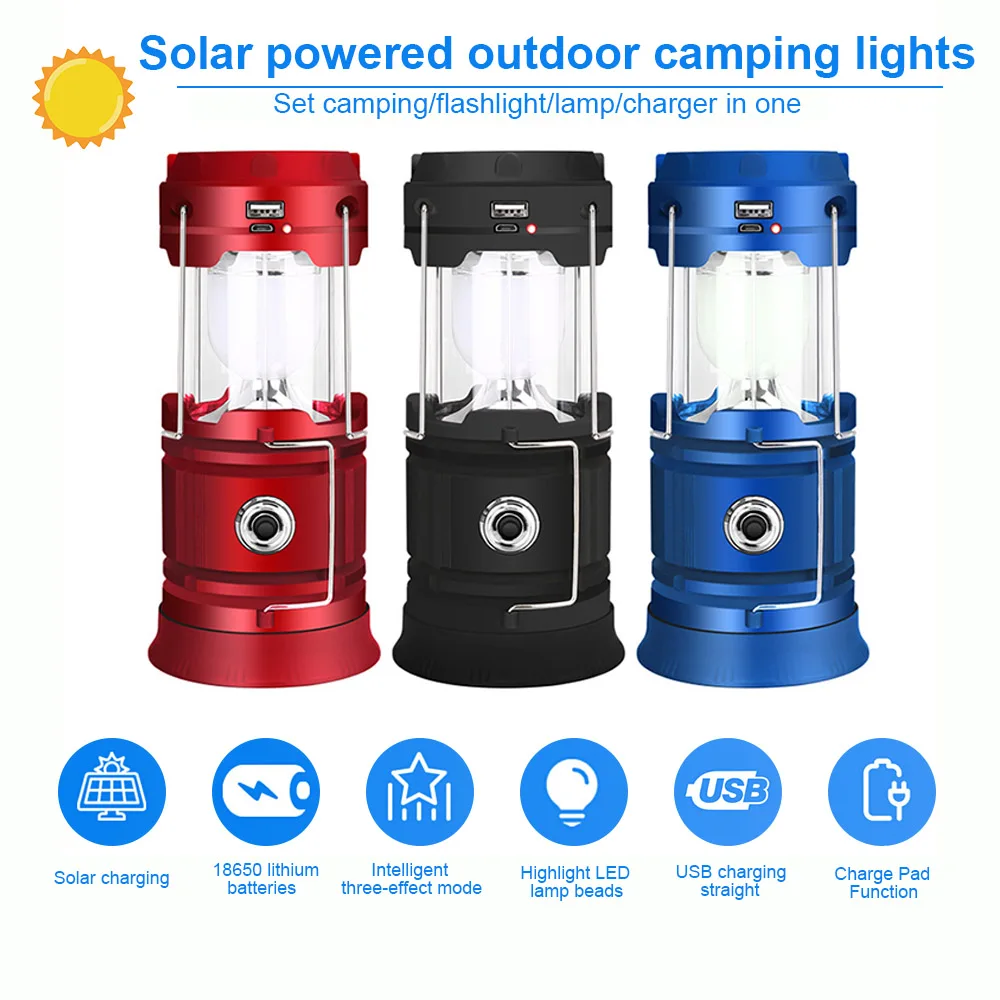 

Portable Camping Tent Lamp Emergency COB Tent Lamp Flashlight USB Rechargeable LED Solar Camping Lantern Light Work Light
