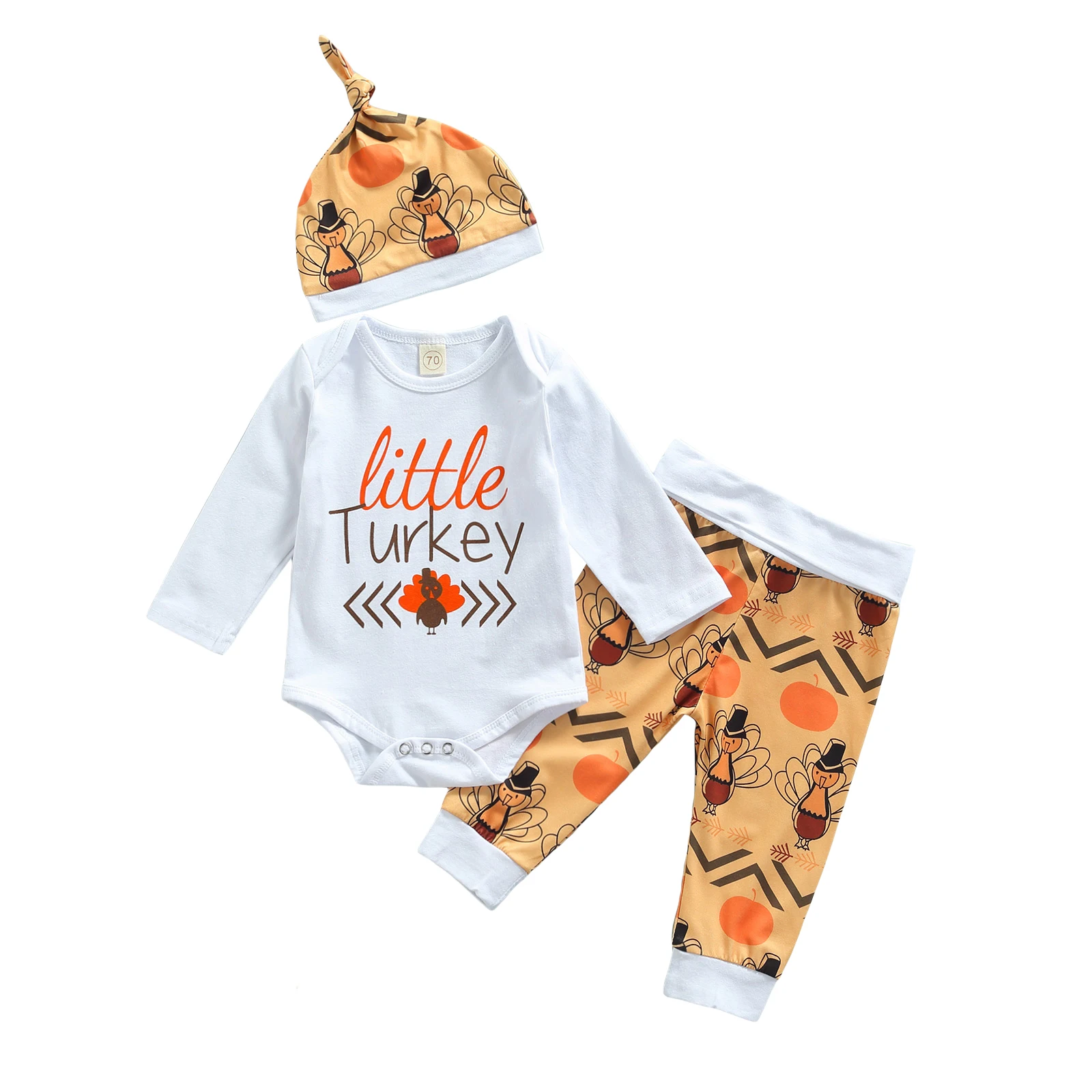 

3Pc Thanksgiving Day Casual Set Letter Print O-Neck Long Sleeve Bodysuit Turkey Print Pants Hat Toddler 0-18 Months