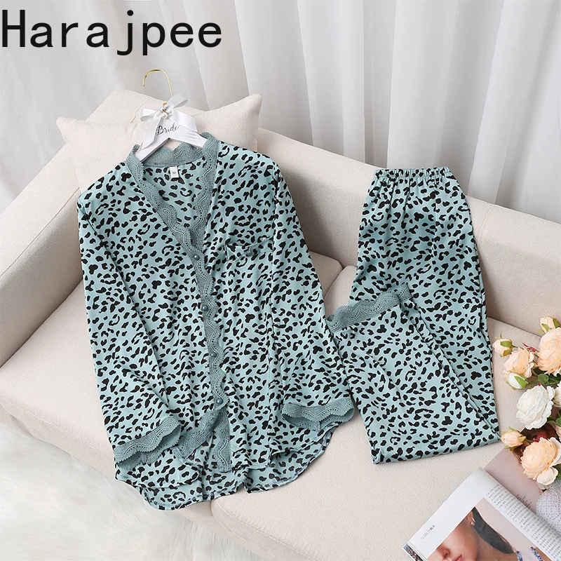 

Harajpee Nightwear 2021 New Spring and Autumn Thin Leopard Print Lace Fairy Style Long Sleeve Pants Korean Japanese Home Clothes