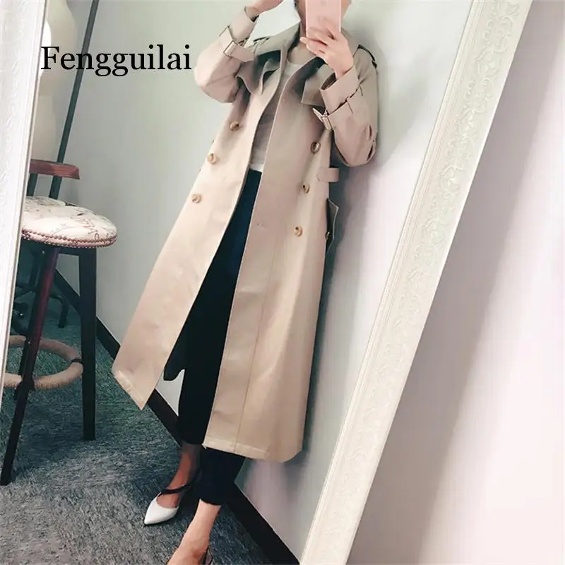 

New Fashion Spring Autumn Korean OL Double-breasted Khaki thin slim Waist Dress Long Trench Coat Women Overcoat