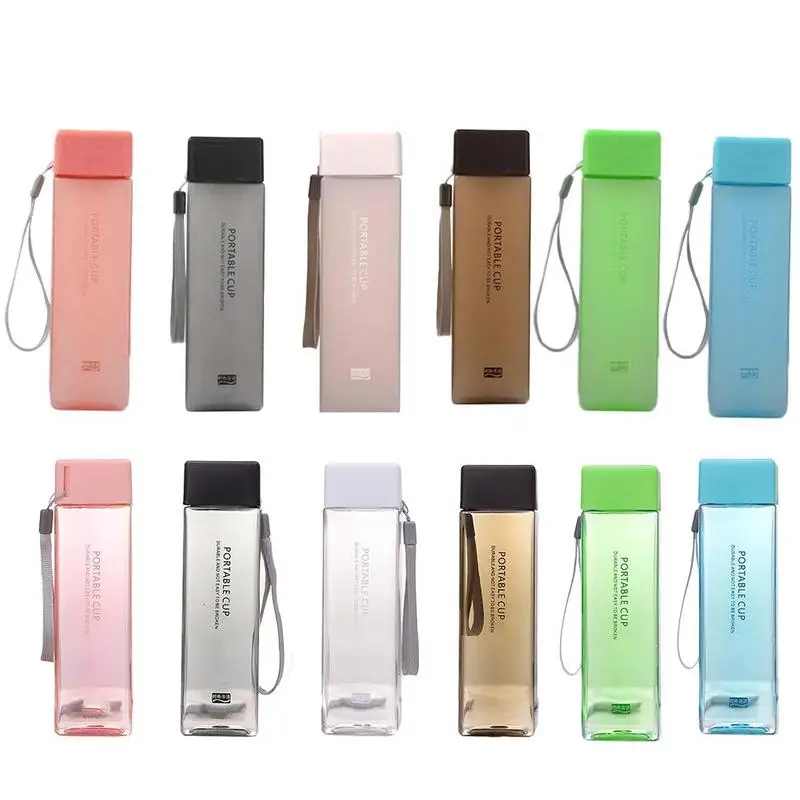

1Pc 500ml Transparent Square Plastic Matte Water Cup Outdoor Cold Juice Water Sports Cup with Portable Milk Rope Water Cup